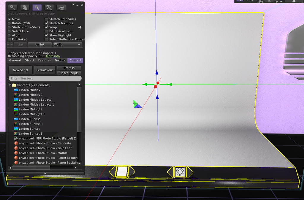 A screenshot of the PBR material backdrop shown in Second Life with the Content tab of the Edit window open showing the contents.
