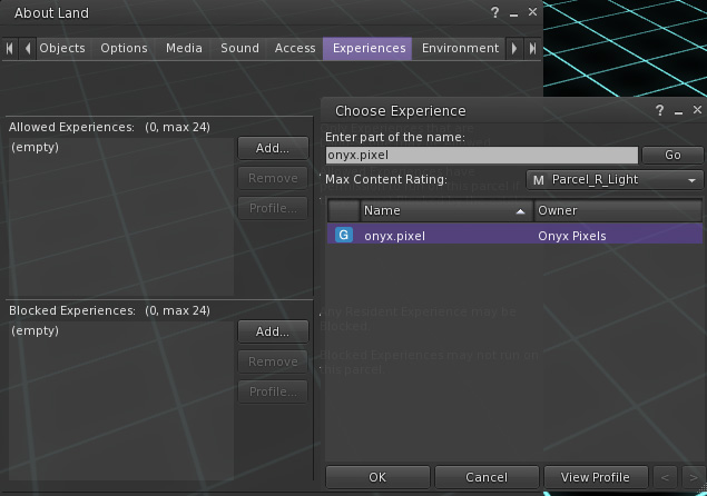 An image of the search windows for Experiences in Second Life with the onyx.pixel experience selected.