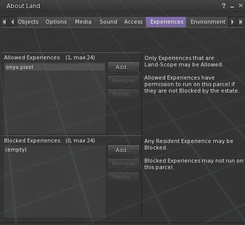 An Image of the Experiences tab of the Parcel Details window in Second Life showing the onyx.pixel experience under Allowed Experiences
