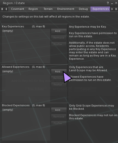 A screenshot of the Region/Estate (Region Details) window in Second Life with the "Add.." button next to "Allowed Experiences" highlighted.