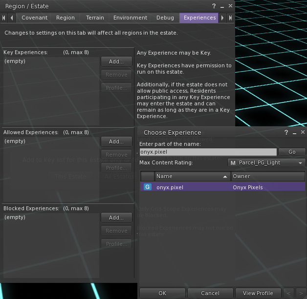 A screenshot of the Region/Estate window with a search window for experiences showing the onyx.pixel experience as a result.