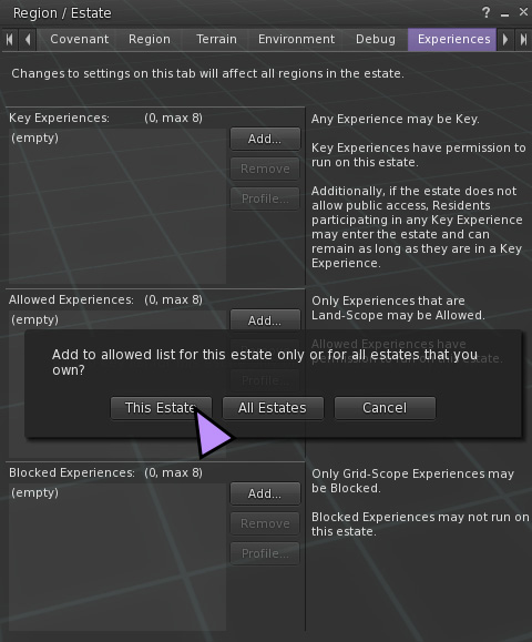 An image of an alert window coming up over the Region/Estate window in Second Life.