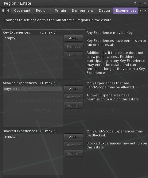A screenshot of the Region/Estate (Region Details) windows showing onyx.pixel in the Allowed Experiences list.